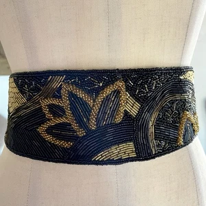 Fancy Beaded Wide Waist Belt Adjustable Sz S Gold Black Evening Formal Cocktail - Picture 1 of 5