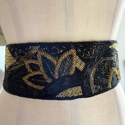 Elegante Cinturón de Cintura Ancha con Cuentas Ajustable Talla S Dorado Negro Noche Formal Cóctel Foto 1 de 4