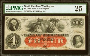 Washington, NC- Bank of Washington $4 Nov. 1, 1861 G8a PMG Very Fine 25 - RARE - Picture 1 of 2