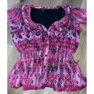 Blusa Top Vintage Notations Mujer Escote Volantes Rosa Estampado Geométrico L y2k - Imagen 1 de 3