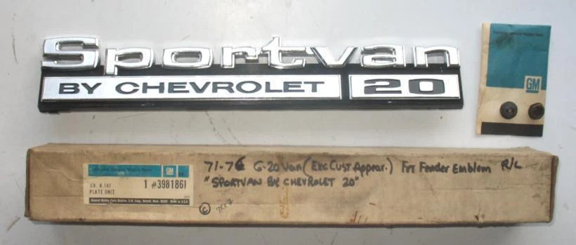 NOS 1971-1976 CHEVROLET G20 SPORTVAN FRONT FENDER NAMEPLATE EMBLEM 3981861 - Image 1 of 1