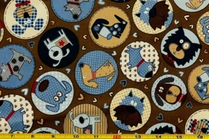Tina Scrap 9"x21" Puppy Dogs Heart Cute Vet Tan Blue Dots Circle Cotton Fabric - Picture 1 of 1