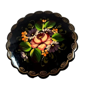 Vintage Russian Hand Painted Floral Flower Black Lacquer 2" Brooch Pin Signed - Picture 1 of 4
