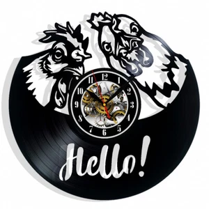 Funny Chickens Hello Vinyl Wall Clock Gift Christmas Birthday Holiday Home Decor - Picture 1 of 5