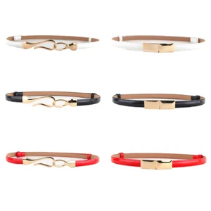 Women Skinny Gold Clasp Buckle Faux Leather Adjustable Belt Dress Waistband - Picture 1 of 7