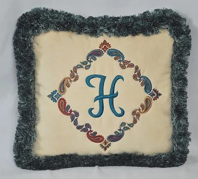Personalized Embroidered Pillow made w Faux Cream Suede Fabric trim brush fringe - Image 1 of 2