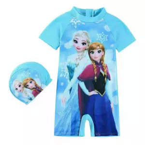 UK STOCK Kids Girls One Piece Surf Sun Elsa&Anna Swim Swimming Costume&Cap - Picture 1 of 18