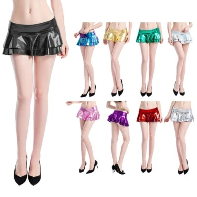 Mini falda patinadora informal de cintura baja con volantes falda plisada de cuero sintético para mujer Foto 1 de 4