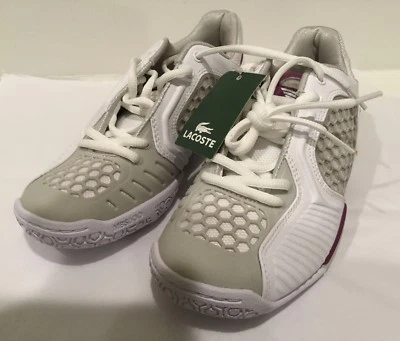 Nuevo en caja Zapatos para cancha de tenis Lacoste para mujer Repelen ~ Talla 5.5 ~ Borde blanco/gris púrpura Foto 1 de 4