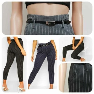 Ex Store Women's tapered elastic Waist pin stripe Belted Skiny pocket Trouser UK - Picture 1 of 1