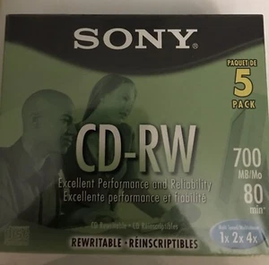 NEW SEALED Sony CD-RW 5 Rewritable Discs 700MB 80 Minute Multi Speed 1X 2X 4X - Afbeelding 1 van 1