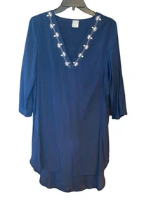 Kona Sol Sz M Navy Blue 3/4 Sleeve Embroidered V-neck Beach Swim Cover-Up Tunic - Picture 1 of 7