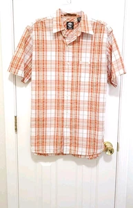 Mens Timberland Button Shirt Top Medium Orange White Tan Plaid Short Sleeve - Picture 1 of 12