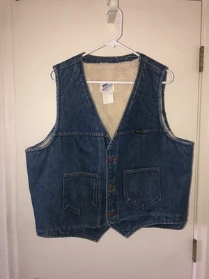 Vintage 60s 70s Wrangler Denim Vest Mens XL No Fault Sherpa Lined Sanforized USA - Image 1 of 4