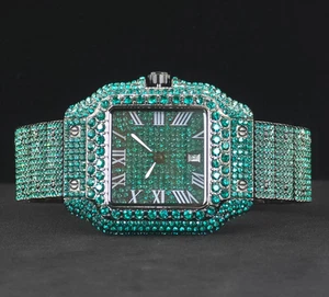 Luxury Hip Hop Ice out Men's Watch Iced King Bling Green Blue Cz Diamond Square - Picture 1 of 24
