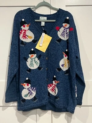 NWT QVC Quacker Factory Blue Snowman Christmas Cardigan Sweater Jingle Bells 2X - Image 1 of 4