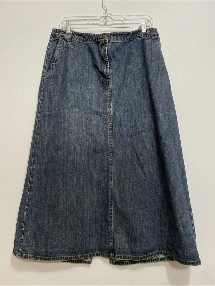 100% Cotton Ann Taylor Dark Denim Pencil Skirt Sz 14 Back Slit Thick Denim Midi - Image 1 of 4