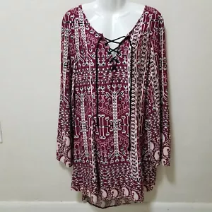 Somedays Lovin Women Dress Tunic Lace V-Neck Aztec Paisley Boho Flare Slv Red M - Picture 1 of 11