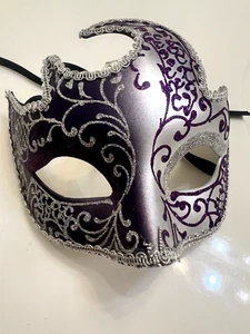 Costume Masquerade Mask Purple, Silver Glittery With Ribbon Tie - Picture 1 of 6