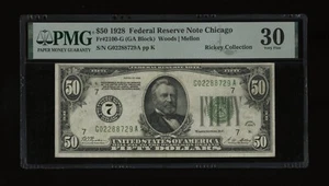DBR 1928 $50 Chicago Numeral Fr. 2100-G PMG 30 Serial G02288729A - Picture 1 of 2