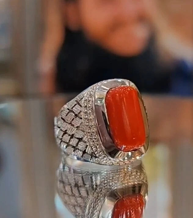 Anillo de coral rojo natural de piedra de coral rojo para hombre anillo de plata de ley 925 Foto 1 de 1
