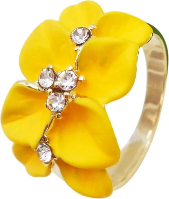 Navachi 18K 镀金透明水晶珐琅叶子花朵戒指 — 第 1/4 张图片