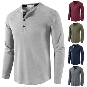 Mens T-Shirt Long Sleeve Top Thermal Henley Jumper Cotton Rich Waffle Knit - Picture 1 of 20