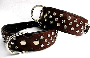 Exklusiv HUNDE HALSBAND Leder + Kristalle Halsumfang 33-41cm BRAUN-Schwarz (1194 - Picture 1 of 4