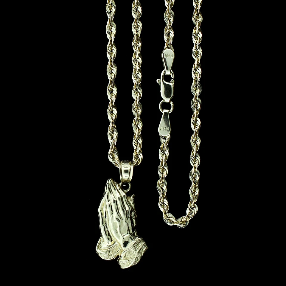 Colgante de manos de oración de oro amarillo de 10 quilates con corte de diamante y cadena de cuerda de 2 mm Foto 1 de 4