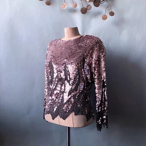 1970s 80s Oleg Cassini Vintage Disco Sequin Liza Evening Top sz S Holiday Glam - Picture 1 of 8