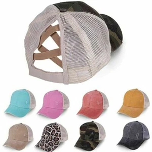 Ponytail Cap Criss Cross Cap Ripped Messy Bun Adjustable Mesh Baseball Hat - Picture 1 of 17