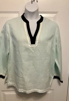 Women’s Talbots Linen Top Size Large Aqua Mint Green Black V Neck Tunic Shirt - Image 1 of 4