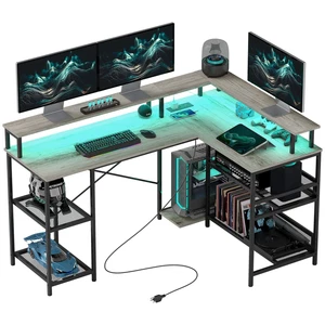 L Shaped Desk with LED Lights and Power Outlets Gaming Desk Gray - Picture 1 of 11