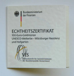 100 Euro 2010 BRD Echtheitszertifikat für die Goldmünze Würzburger Residenz neu - Bild 1 von 2