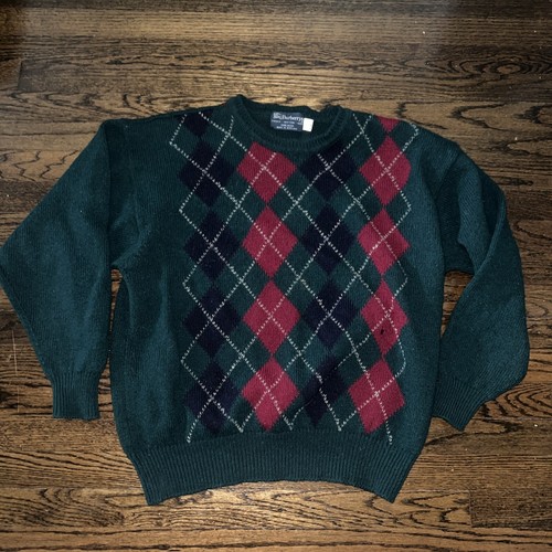 BURBERRY MAGLIONE PULL OVER SCOZZESE VINTAGE ANNI '80 VERDE ARGYLE A QUADRI 100% LANA XL