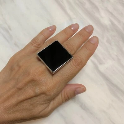 Anello In Argento Sterling 925 Con Pietra Preziosa Onice Nero Tutte Le Taglie - Immagine 1 di 4