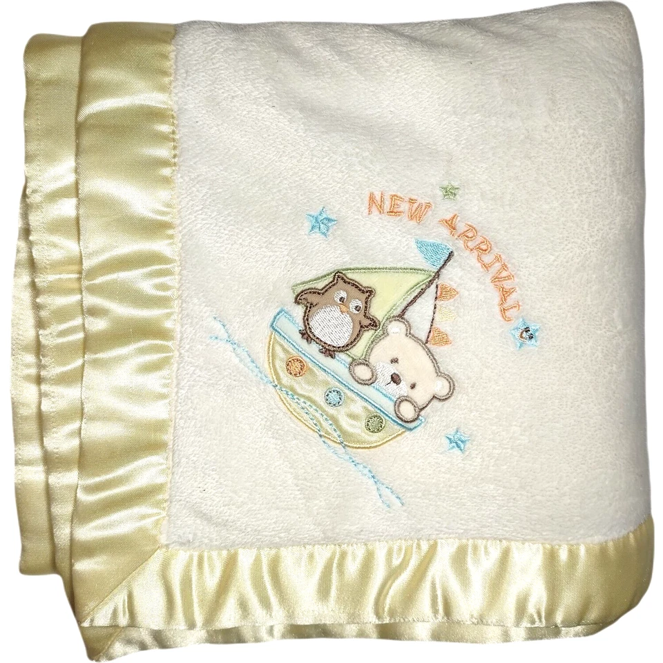 Vitaminas Bebé Nueva Llegada Oso Búho Velero Manta Amarillo Satinado Borde Vellón Foto 1 de 4