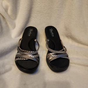Skechers WM's Gold Leather Rhinestone Memory Foam Wedge Slide Sandals SZ 11 5062 - Picture 1 of 9