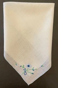 Pañuelo vintage para mujer blanco algodón bordado azul amapola moño spray - Imagen 1 de 8