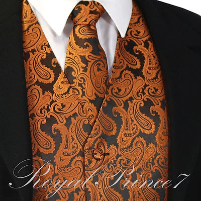Rust Orange /Black XS to 6XL Paisley Tuxedo Suit Dress Vest Waistcoat & Neck tie - Image 1 of 3