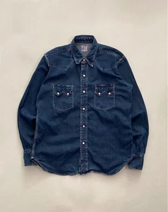 Vtg Levi’s LVC Big E 1955 Sawtooth Denim Shirt Pearl Button Snap Sz L Mens Rare - Picture 1 of 7