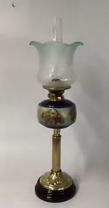 Antique Oil Lamp Brass Base Duplex Burner Ceramic Font Etched Glass Green Shade - Picture 1 of 17