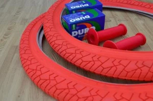 New PAIR of 20" BMX Bicycle Slick RED Street Tires & Tubes 20X1.95 *FREE GRIPS - Picture 1 of 3