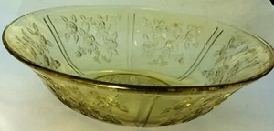 Vintage Depressionware Glass Bowl Yellow Gold Cabbage Rose Design 10"-  x 3"- h - Picture 1 of 9