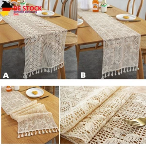 Gehäkelte Spitze Tisch Läufer Baumwolle Tischdecke Boho Quasten Ess Dekor neu - Bild 1 von 10