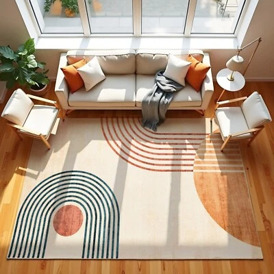 Retro Minimalist Geometric Rug - Modern Orange & Blue Arch Design Are Carpet - Image 1 of 4
