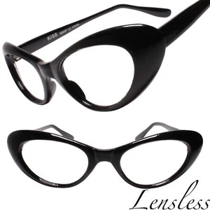 Genuine Vintage Nostalgic Mod Style Black Lensless Cat Eye Glasses Frames - Picture 1 of 3