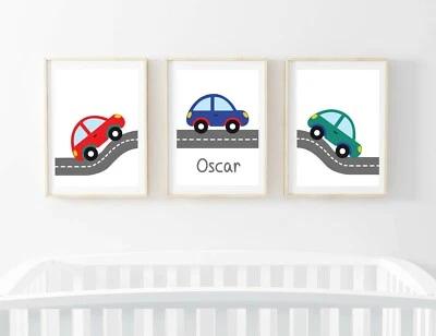 Custom Car Nursery Pictures Set of 3 Vehicle Prints Driving road Neutral Gift