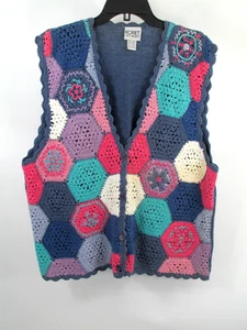 KORET CITY BLUES Häkel Strick Weste Damen XL Mehrfarbig Patchwork Vintage Oma - Bild 1 von 13
