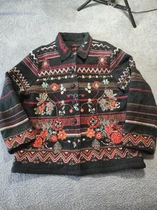 Dash Jacket Coat Womens UK 16 100% Retro Vintage Flowers Embroidered Beads Black - Picture 1 of 17